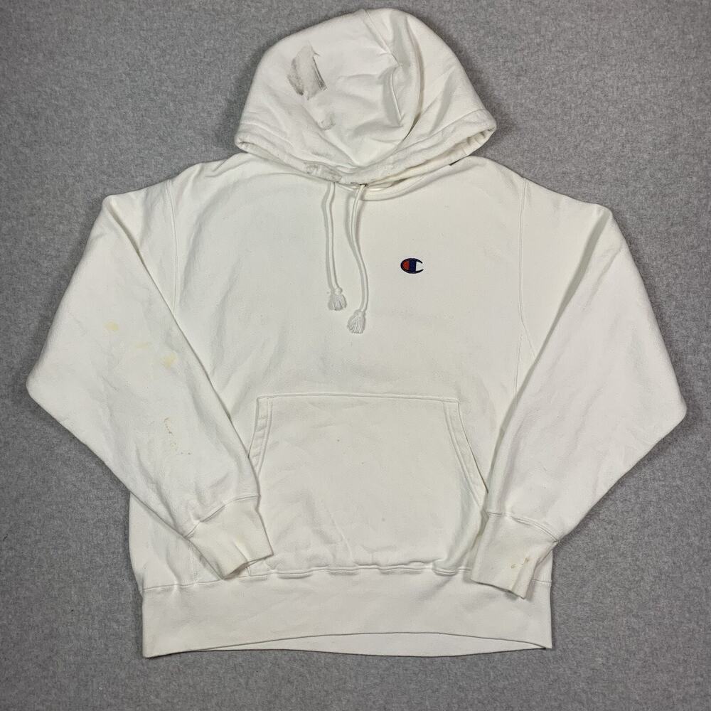 Vintage Champion Reverse Weave Hoodie Men’s M White Sweatshirt Embriodered Logo